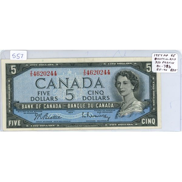 1954 Modified Portrait $5. Beattie-Rasminsky signatures. I/S Prefix. BC-39b. EF-40.