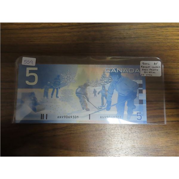 2002 $5. Knight-Dodge signatures. ANV Prefix. BC-62a. Hockey. Choice Uncirculated.