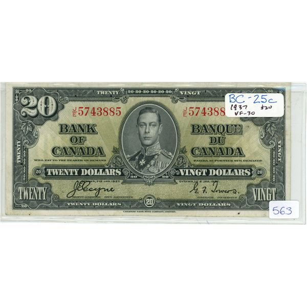 1937 $20. Coyne-Towers signatures. J/E Prefix. BC-25c. VF-30.