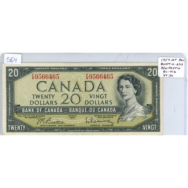 1954 Modified Portrait $20. Beattie-Rasminsky signatures F/W Prefix. BC-41b. VF-30.