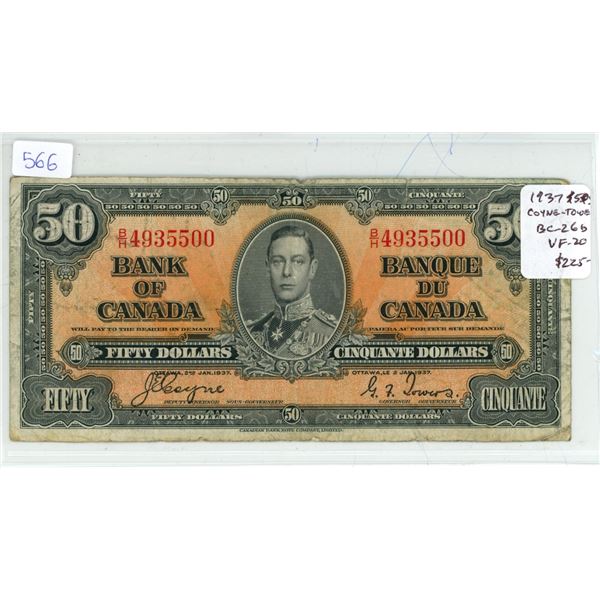 1937 $50. Coyne-Towers signatures. B/H Prefix. BC-26b. VF-20. Scarce.