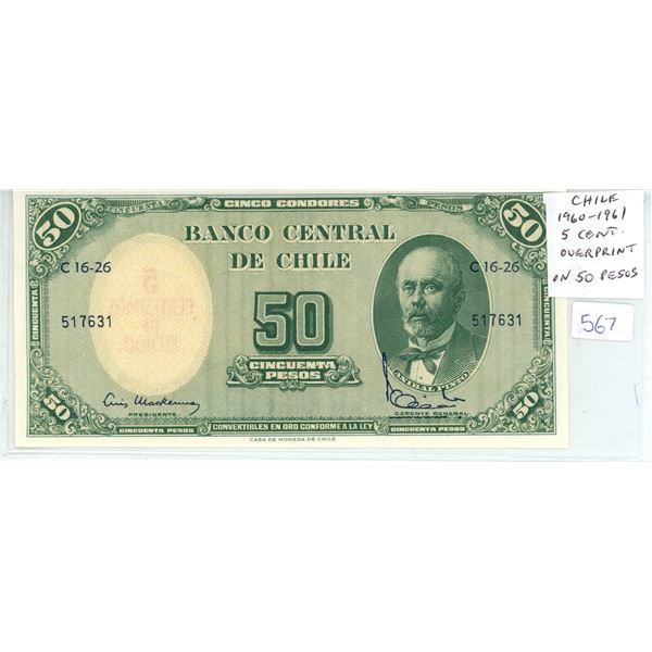 Chile. Central Bank of Chile. 1960 – 1961 5 Centesimos de Escudo Overprint on 50 Pesos. Unc