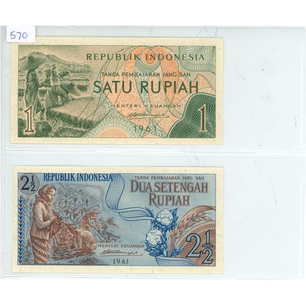 Lot of 2 notes from Indonesia. Includes 1961 1 Rupiah & 1961 2 ½ Rupiah. Uncirculated.