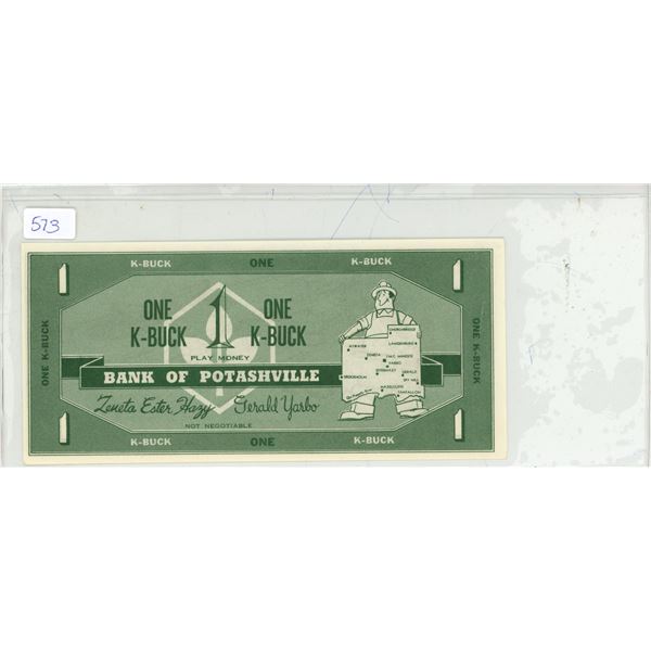 Bank of Potashville 1 K-Buck Scrip. Issued by the IMC Potash Company mine in Esterhazy, Sask. Unc.