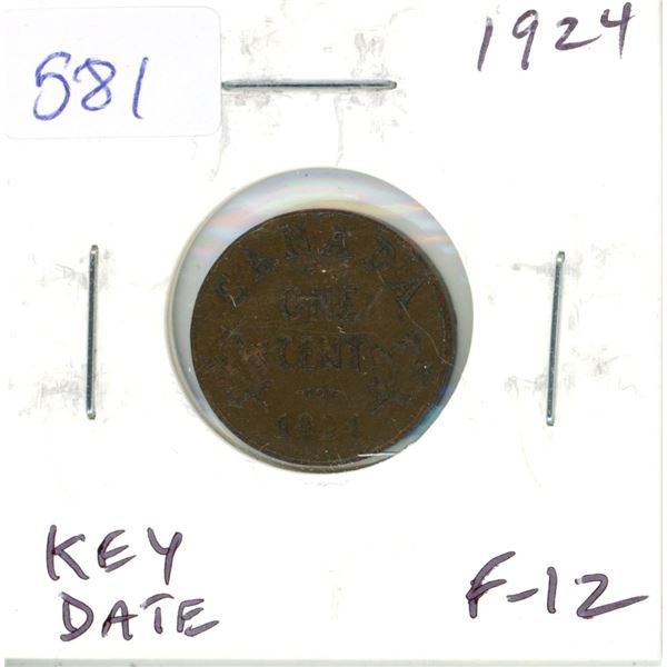 1924 Canadian Small Cent. Key Date. F-12.
