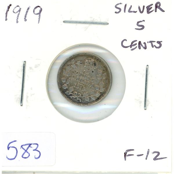 1919 Canadian Silver 5 Cents. F-12.