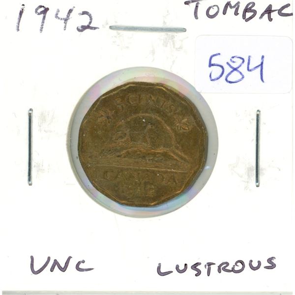 1942 Tombac 5 Cents. The first Tombac issued during World War II. Uncirculated. Lustrous.