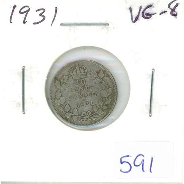 1931 Canadian Silver 10 Cents. VG-8.