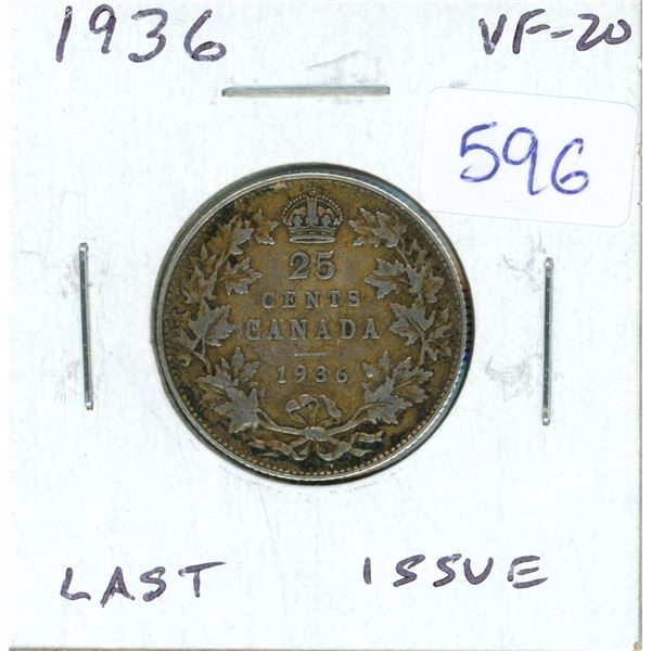 1936 Canadian Silver 25 Cents. The last issue for King George V. VF-20.