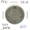 Image 1 : 1931 Canadian Silver 50 Cents. Issued during the Great Depression. Key Date. Mintage of 57,581. VG-8
