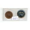 Image 1 : Lot of 2 1967 Canadian 1 Cent & 5 Cents coins. Both are One Year Types. BU.