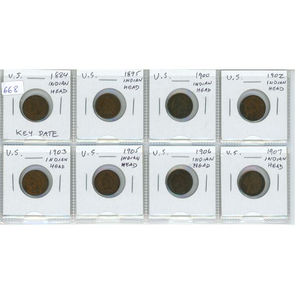 Set of 8 U.S. Indian Head Cents including 1884, 1895, 1900, 1902, 1903, 1905, 1906 & 1907.
