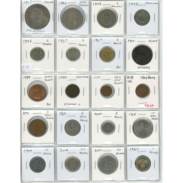 Lot of 20 British coins including Crown, Half Crown, 2 Shillings, Shillings, 6 Pence, 3 Pence, Penny