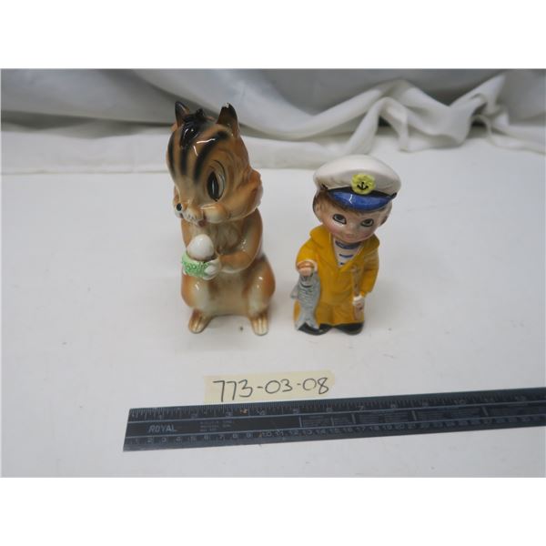 2 coin banks, squirrel, fishing boy ceramic figurine
