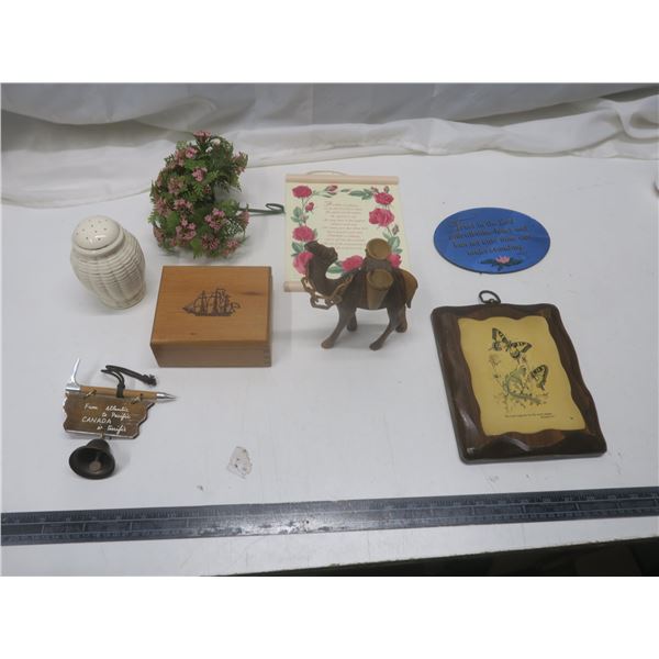 plaque with sayings, wooden box, wooden camel, misc.