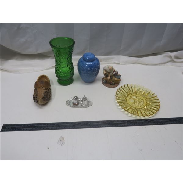 amber plate, vase, salt+pepper shakers, plastic shoe