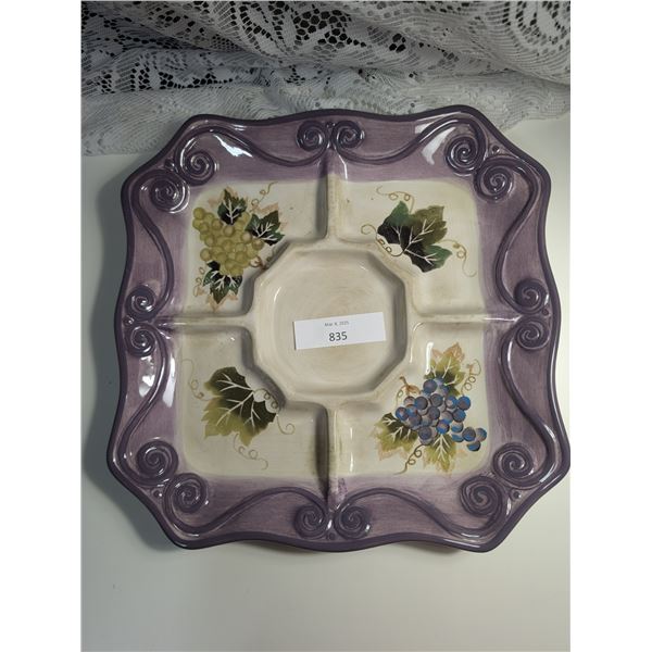 Vintage Handpainted Merlot Divided Serving Platter (missing dipping bowl) Approx. 13" Square