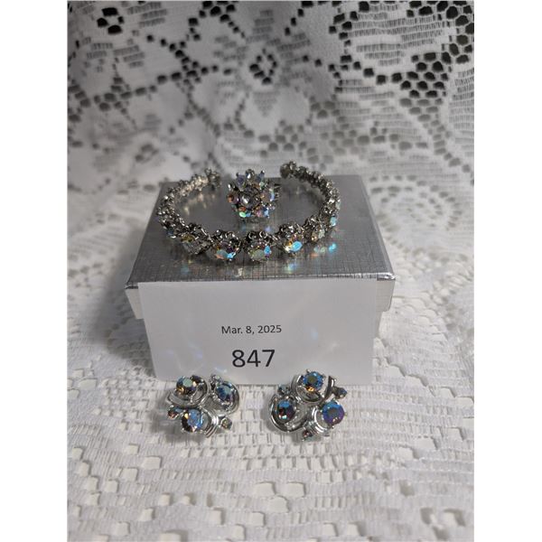 Iridescent Rhinestone Clip Earrings, Bracelet and Adjustable Ring