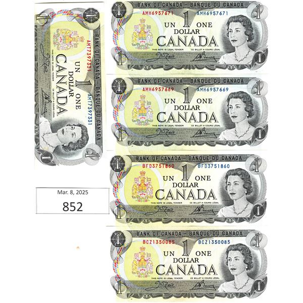 Five Circulated 1973 Canadian One Dollar Bills
