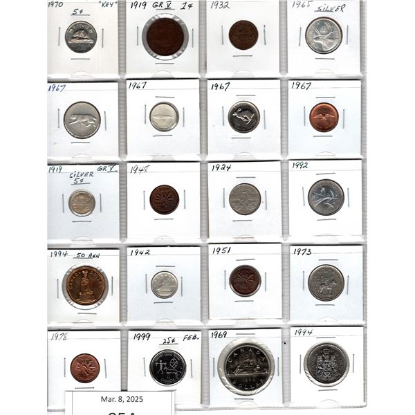 Binder Page of 20 Various Canadian Coins. Most are low mintage and usually difficult to find.