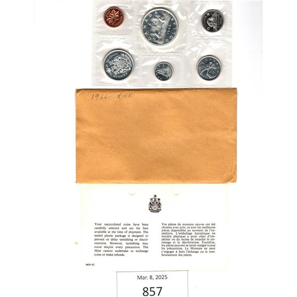 6 Coin Set of 1966 Uncirculated Canadian Coins each are in their original RCM Envelope with informat
