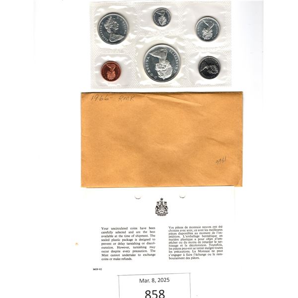 6 Coin Set of 1966 Uncirculated Canadian Coins each are in their original RCM Envelope with informat