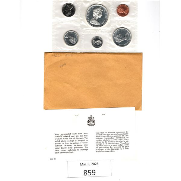 6 Coin Set of 1966 Uncirculated Canadian Coins each are in their original RCM Envelope with informat