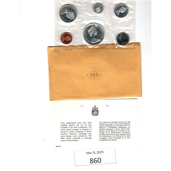 6 Coin Set of 1966 Uncirculated Canadian Coins each are in their original RCM Envelope with informat