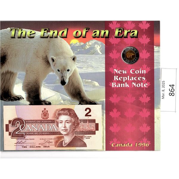 Five - "The End of an Era" Two Dollar Collector Cards with One Two Dollar Bill and One Toonie (Only 