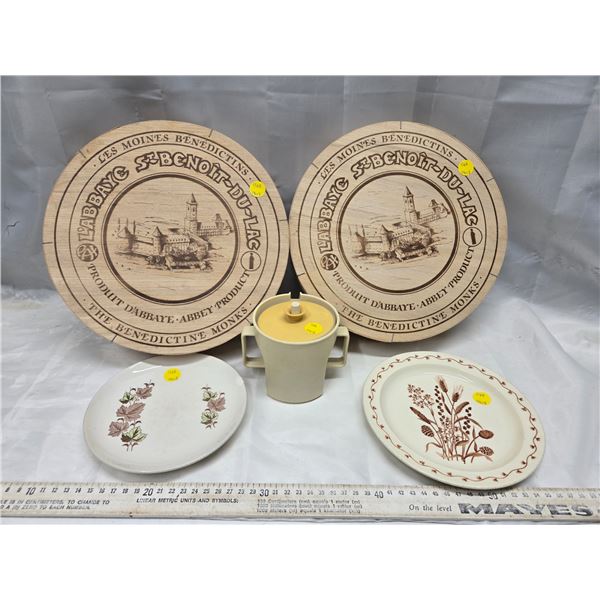 2 CHEESE CRATES (27.5" EACH).  ST. BENOIT DU-LAC ABBEY, 2 SIDE PLATES, TUPPERWARE SUGAR BOWL.