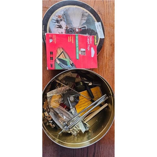 cookie tin of tools and assorted items