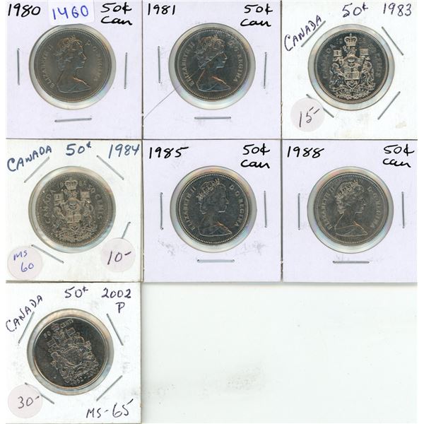 1980, 1981, 1983, 1984, 1985, 1988, 2002 Canadian 50 Cents Coins.