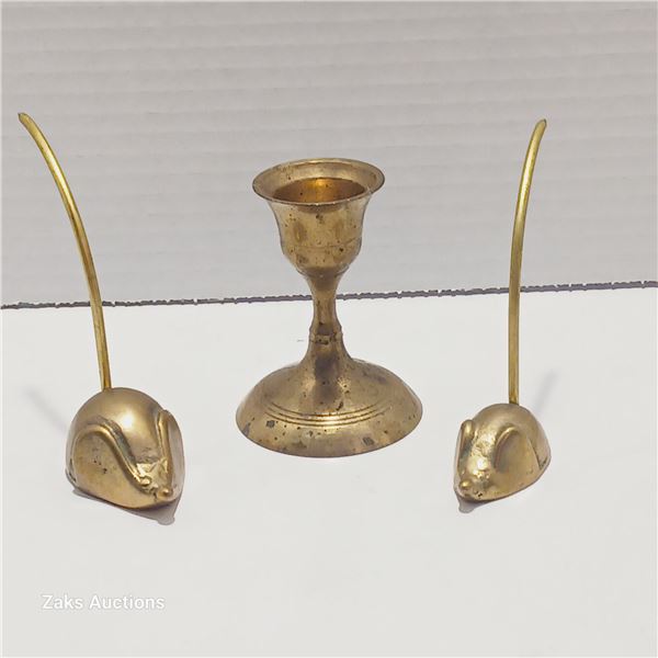 Two Vintage Brass Mice & Vintage Brass Candle Holder