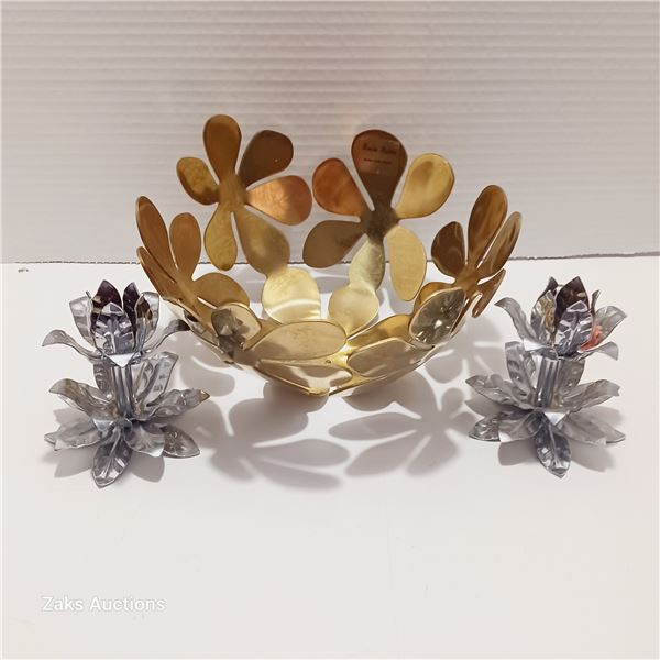 Ikea Stockholm Brass Metal Flower Bowl by Monija Mulder & Two Candle Holders