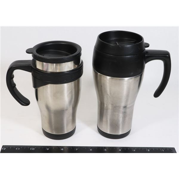 2 STAINLESS STEEL TRAVEL MUGS WITH HANDLES