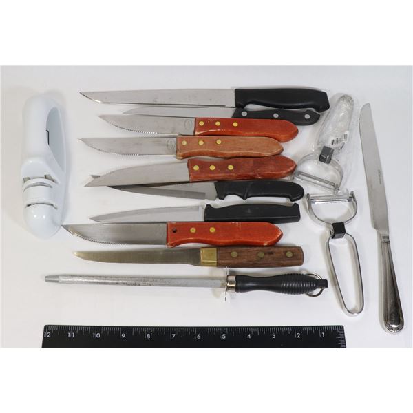 LOT OF KNIVES, POTATO PEELERS AND KNIFE SHARPENERS