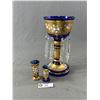Image 1 : Gorgeous Vintage 10"H Hand Decorated Cobalt Blue & Gold Lustre w/ 8 Clear Prisms & 2 Matching 3.25" 