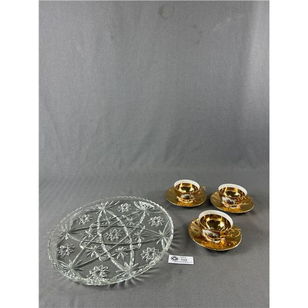 Vintage 13.25" Diam Glass Serving Plate & 3 Matching Gold "L.Parbus" Bavaria Germany Teacups w/ Sauc