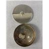 Image 3 : Vintage Metal 4" Diam Round Trinket Box w/Rose Handle. Markers Mark Looks Like Double Swans 90