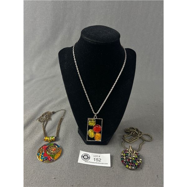 3 Vintage Vibrant Coloured Pendant Necklaces. 18" L (2) & 28" L