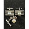 Image 1 : Very Nice Silvertone w/ White Bead Tie & Cufflink Set