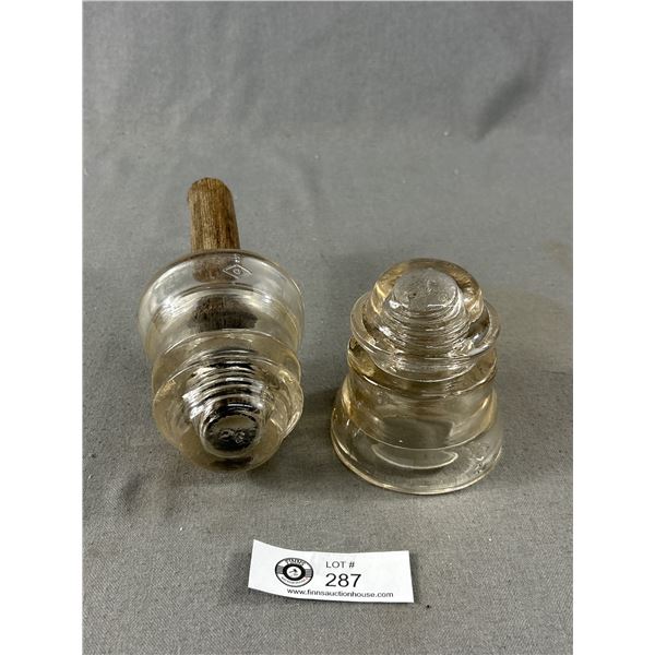 2 Vintage Dominion Glass Insulators, 1 w/ Wood Pole