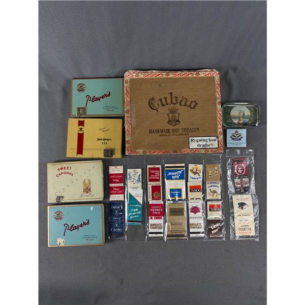 Vintage Lot - Grants Pass Paper Weight, Assorted Match Books & Cigarette Tins In Wood Cigar Box
