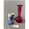 Image 1 : Vintage Décor - 8" Pink Glass Vase, 2.25" Bird Trinket Dish w/Lid & 3.5" H Porcelain Pot