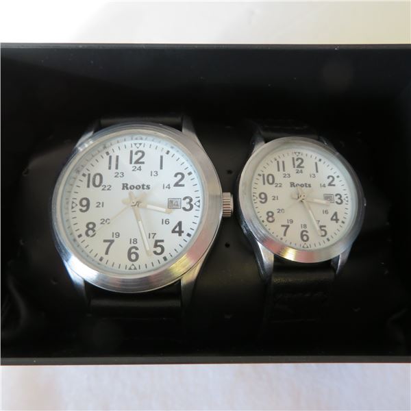 Matching men's and ladies ROOTS watch set with black leather bands - Appear new/working