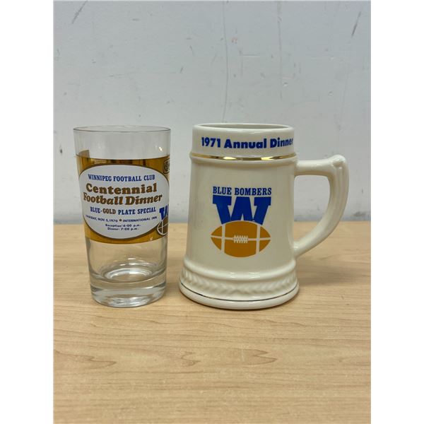 Vintage 1970s Winnipeg Blue Bombers Beer Stein & Drinking Glass 5"