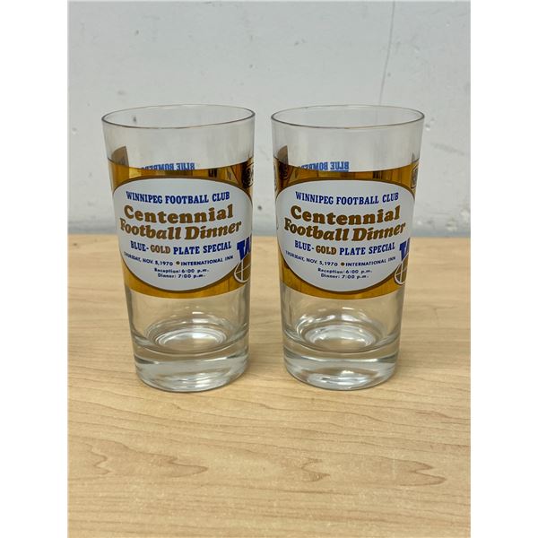 2 Vintage 1970 Winnipeg Blue Bombers Centennial Dinner Drinking Glasses 5"