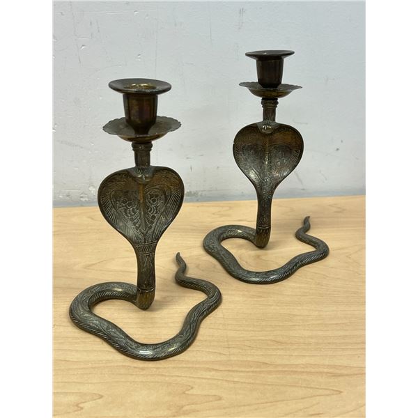 2 Brass Engraved Cobra Snake Candle Holders 7"T