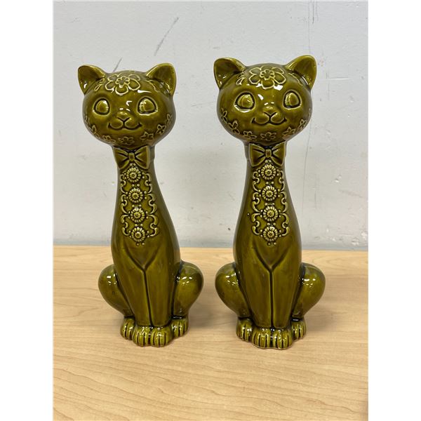 Mid Century Green Glaze Large Cat Salt & Pepper Shakers (no stoppers) 9.5" see photos