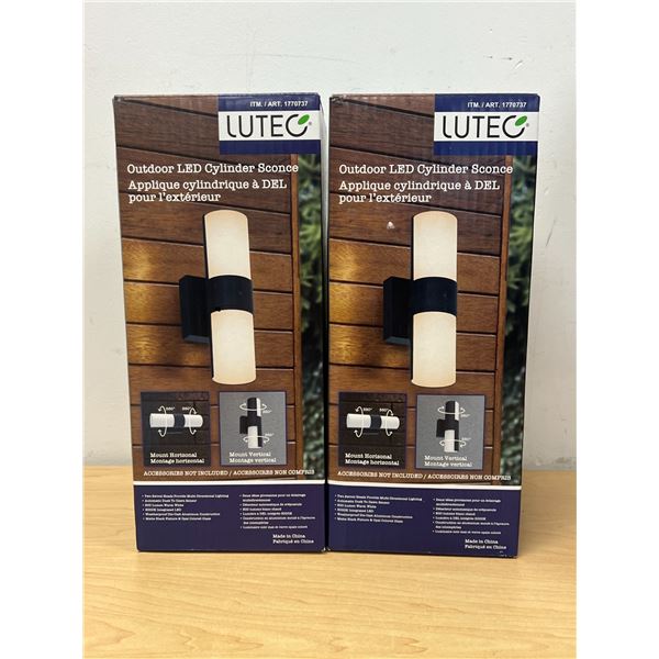 2 Outdoor LED Cylinder Sconces - look new in box - see all photos for size/details